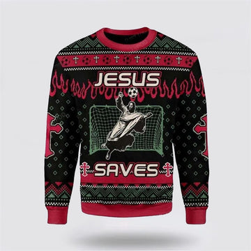 FUNSTUFFPRINT Christian Ugly Christmas Sweater, Jesus Saves Football Ugly Christmas Sweater, Religious Christmas Sweaters Ugly Sweater