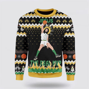 FUNSTUFFPRINT Christian Ugly Christmas Sweater, The Real MVP Jesus Ugly Christmas Sweater, Religious Christmas Sweaters Ugly Sweater