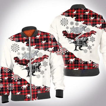 FUNSTUFFPRINT Christmas tartan dinosaur 3D All Over Printed Shirt, Bomber Jacket Size 3D Bomber Jacket