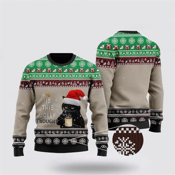 FUNSTUFFPRINT Christmas Black Cat With Coffee Is This Jolly Enough Ugly Christmas Sweater For Men And Women, Best Gift For Christmas, Christmas Fashion Winter Ugly Sweater