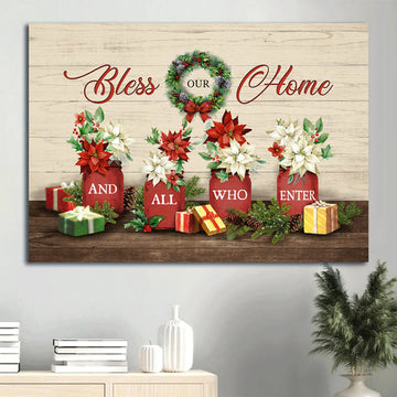 Christmas Painting Flower Laurel Wreath Colorful Christmas Gift Box Bless Our Home And All Who Enter Canvas Wall Art - Christian Wall Decor
