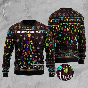 FUNSTUFFPRINT Christmas Tree Autism Awareness Ugly Christmas Sweater, Xmas Tree Sweater, Christmas Sweater Ugly Sweater