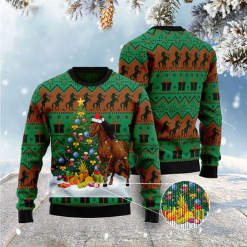 FUNSTUFFPRINT Christmas Tree Horse Ugly Christmas Sweater, Xmas Tree Sweater, Christmas Sweater Ugly Sweater