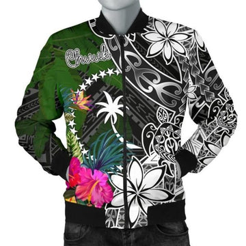 FUNSTUFFPRINT Chuuk Men Bomber Jacket - Turtle Plumeria Banana Leaf 3D Bomber Jacket