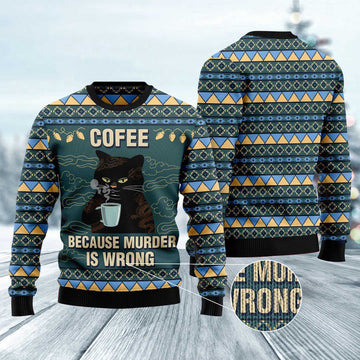 FUNSTUFFPRINT Coffee Cat Ugly Christmas Sweater, Christmas Cat Ugly Sweater, Ugly Cat Xmas Sweater Ugly Sweater