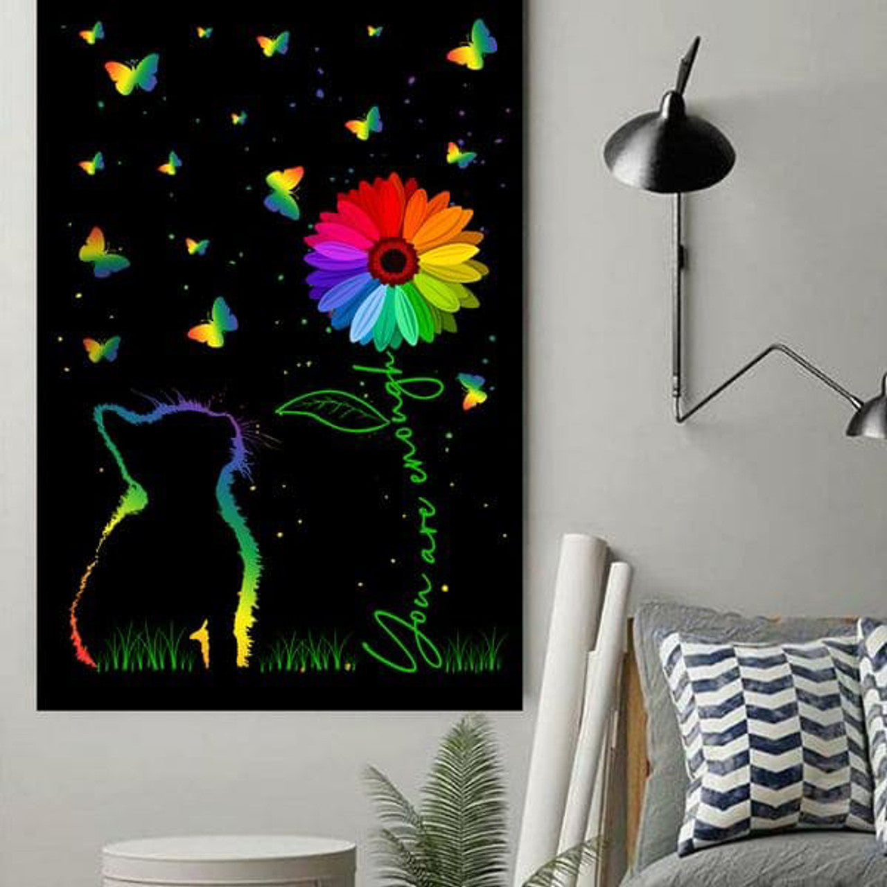 Colorful Cat, You Are Enough, Cat Lover, Butterfly Flower Poster and Canvas