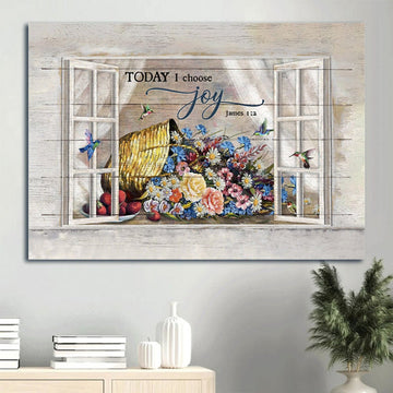 Colorful Flower Hummingbird Window Frame Today I Choose Joy Canvas Wall Art - Christian Wall Decor