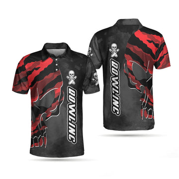 Coolest Skull Bowling With Camouflage Pattern Bowling Polo Shirt, Camo Bowling Shirt For Men
