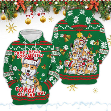 FUNSTUFFPRINT 3DCorgi Dog Bells Christmas All Over 3D Hoodie and Zip Hoodie