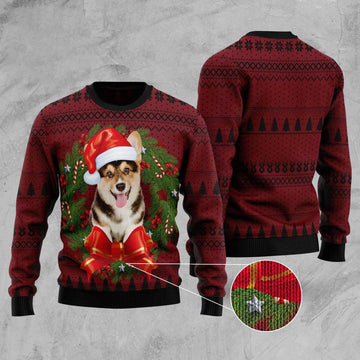 FUNSTUFFPRINT Corgi Wreath Ugly Christmas Sweater, Dog Ugly Christmas Sweater, Ugly Dog Sweaters Ugly Sweater