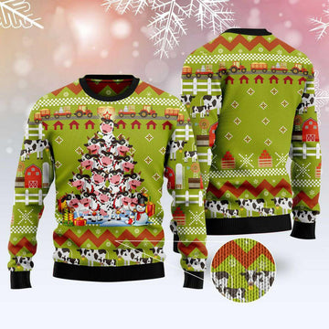 FUNSTUFFPRINT Cow Pine Tree Christmas Ugly Christmas Sweater, Xmas Tree Sweater, Christmas Sweater Ugly Sweater