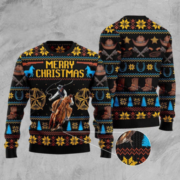 FUNSTUFFPRINT Cowboy Merry Christmas Ugly Christmas Sweater, Christmas Sweater, Ugly Sweater, Funny Xmas Sweaters Ugly Sweater