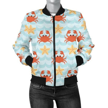 FUNSTUFFPRINT Crab Starfish Pattern Print Women Casual 3D Bomber Jacket