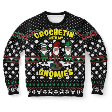 FUNSTUFFPRINT Crochetin' with my Gnomies Ugly Christmas Sweater, Christmas Sweater, Ugly Sweater, Funny Xmas Sweaters Ugly Sweater