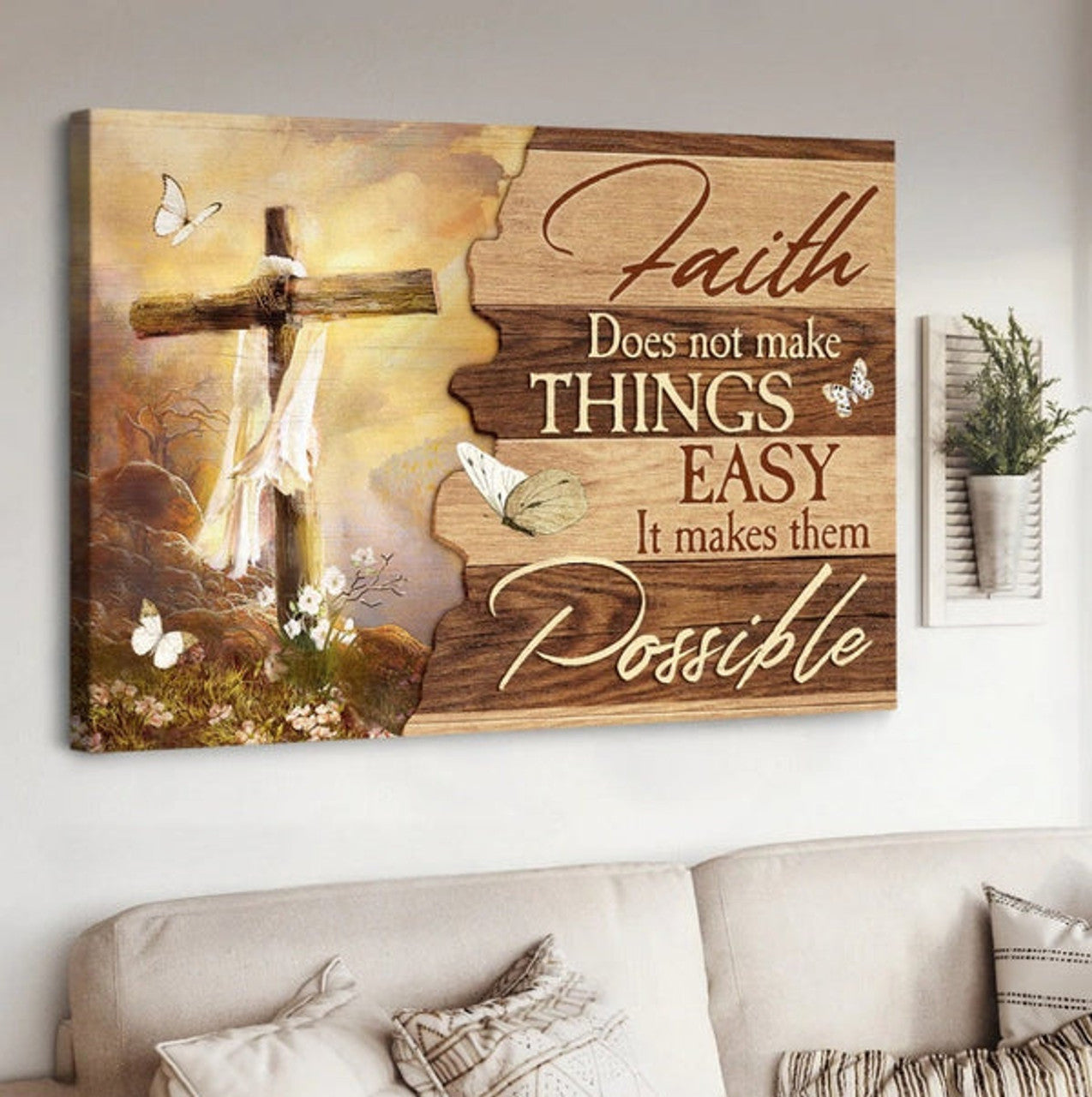Cross Mountain Drawing Faith Does Not Make Things Easy Canvas Wall Art - Christian Poster - Religious Wall Decor