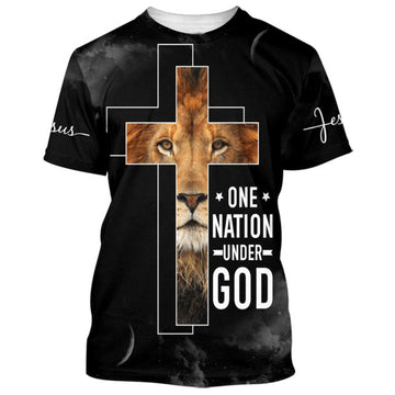 FUNSTUFFPRINT Cross The Lion Of Judah Shirts - One Nation Under God Christian 3D T-shirt