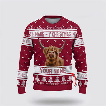 FUNSTUFFPRINT Custom Name Highland Cattle Mare Y Christmas Ugly Sweater, Gifts For Farmers, Rural Lovers Ugly Sweater