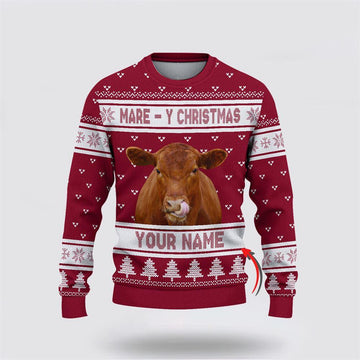 FUNSTUFFPRINT Custom Name Red Angus Mare Y Christmas Ugly Sweater, Gifts For Farmers, Rural Lovers Ugly Sweater
