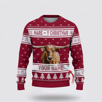 FUNSTUFFPRINT Custom Name Texas Longhorn Mare Y Christmas Ugly Sweater, Gifts For Farmers, Rural Lovers Ugly Sweater