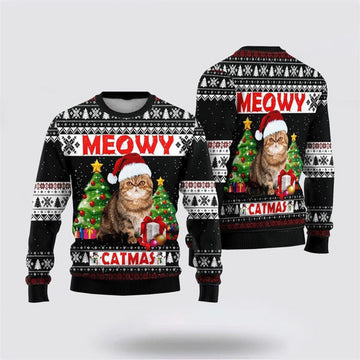 FUNSTUFFPRINT Cute Cat Sweater Meowy Catmas Ugly Christmas Sweater For Men And Women, Best Gift For Christmas, Christmas Fashion Winter Ugly Sweater