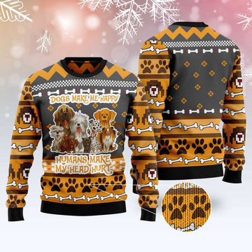 FUNSTUFFPRINT Cute Dogs Make Me Happy Ugly Christmas Sweater, Dog Ugly Christmas Sweater, Ugly Dog Sweaters Ugly Sweater