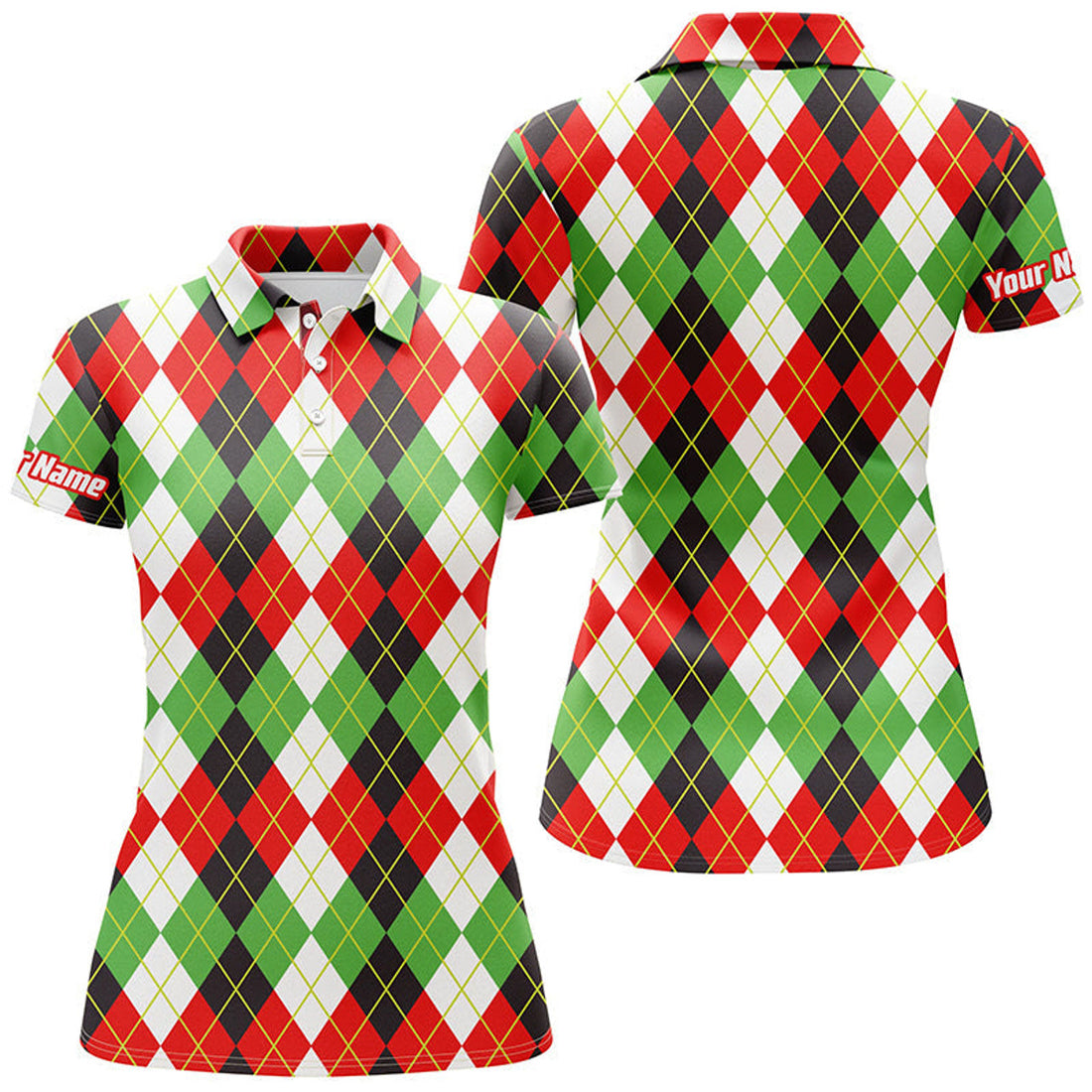 Custom Christmas Plaid Argyle Pattern - Funny Christmas Women's Golf Polo Custom Name Shirt
