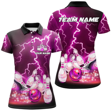 Custom Women Bowling Polo Shirts Custom Purple Lightning Thunder Bowling Team Jersey, Gift For Team Bowlers