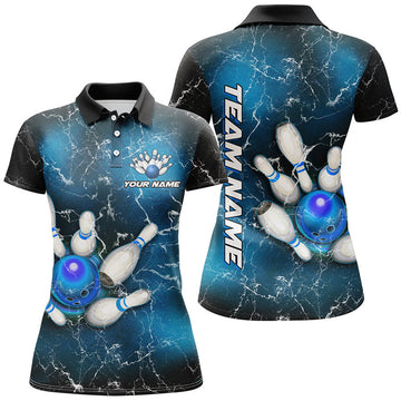 Custom Women Bowling Polo Shirts Custom Blue Lightning Thunder Bowling Team Jersey, Gift For Team Bowlers