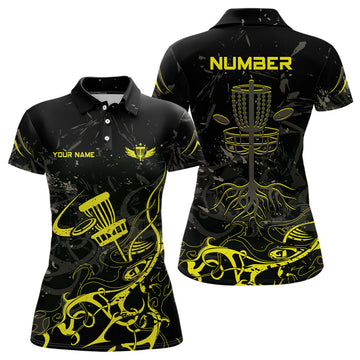Custom Yellow Camo Black Womens Disc Golf Polo Shirt Custom Disc Golf Basket Tree Personalized Golf Gift