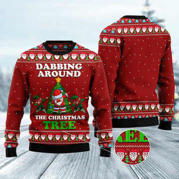 FUNSTUFFPRINT Dabbing Around The Christmas Tree Santa Claus And Goblin Ugly Christmas Sweater, Xmas Tree Sweater, Christmas Sweater Ugly Sweater