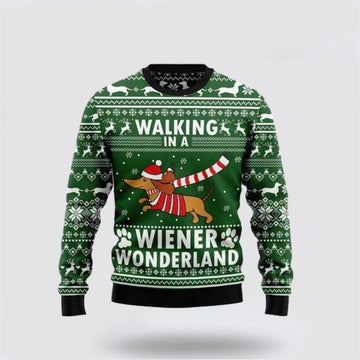 FUNSTUFFPRINT Dachshund Dog Walking In A Wiener Wonderland Ugly Christmas Sweater – Dog Lover Christmas Sweater Ugly Sweater