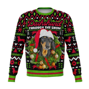 FUNSTUFFPRINT Dachshund Through The Snow Christmas Ugly Sweater, Christmas Sweater, Ugly Sweater, Funny Xmas Sweaters Ugly Sweater