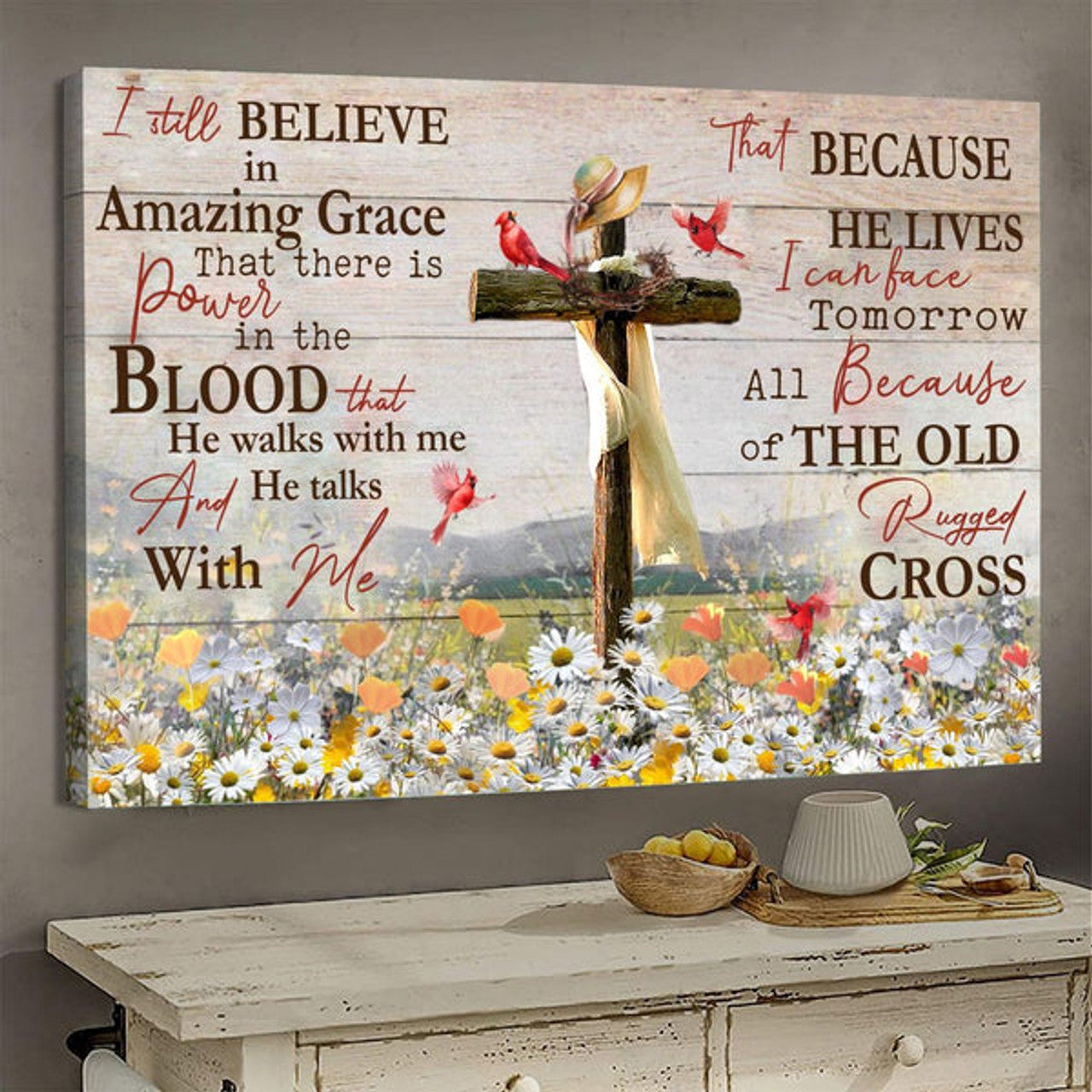 Daisy Field Cardinal I Still Believe In Amazing Grace Jesus Canvas Wall Art - Jesus Canvas Pictures - Christian Wall Posters
