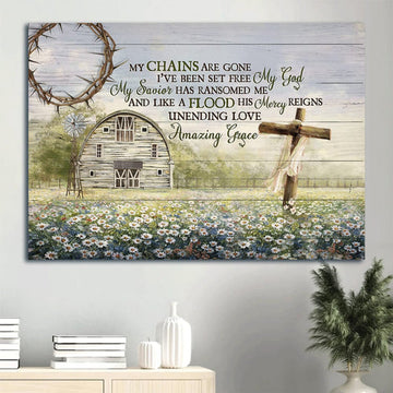 Daisy Field Wooden Cross Tranquil Farm Windmill Canvas My Chains Are Gone I've Been Set Free Canvas Wall Art - Christian Wall Decor