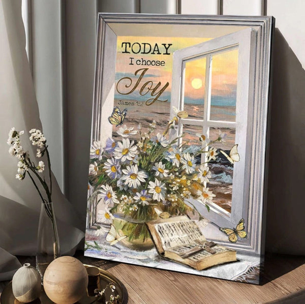 Daisy Flower Bible Cross Symbol Beach View Jesus Painting - Today I Choose Joy Canvas Posters - Christian Wall Posters - Religious Wall Decor