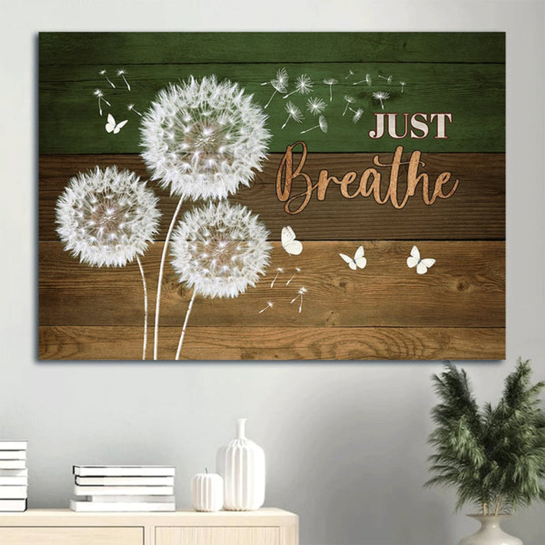 Dandelion Painting Wooden Background White Butterfly Canvas Just Breathe Canvas Wall Art - Christian Wall Decor