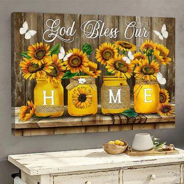 Dark Yellow Sunflower Butterfly Painting Canvas God Bless Our Home Canvas Wall Art - Christian Wall Decor