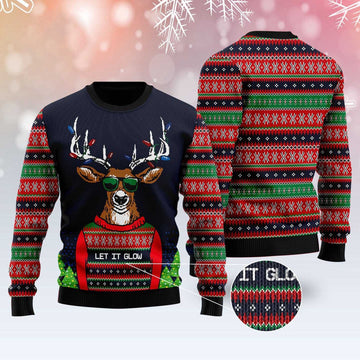 FUNSTUFFPRINT Deer Let It Glow Ugly Christmas Sweater, Christmas Sweater, Ugly Sweater, Funny Xmas Sweaters Ugly Sweater
