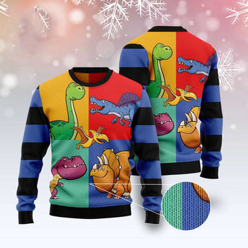 FUNSTUFFPRINT Dinosaur Color Ugly Christmas Sweater, Christmas Sweater, Ugly Sweater, Funny Xmas Sweaters Ugly Sweater