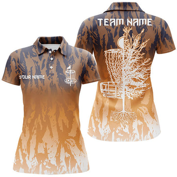 Custom Disc Golf Basket Orange Camo Women Polo Shirts Custom Name Disc Golf Team Shirts For Women, Perfect Gift For Women