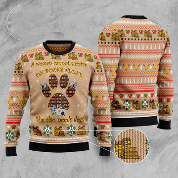 FUNSTUFFPRINT Dog And Book Lover Ugly Christmas Sweater, Dog Ugly Christmas Sweater, Ugly Dog Sweaters Ugly Sweater