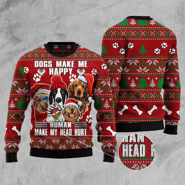 FUNSTUFFPRINT Dog Make Me Happy Humans Make My Head Hurt Ugly Christmas Sweater, Dog Ugly Christmas Sweater, Ugly Dog Sweaters Ugly Sweater