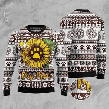 FUNSTUFFPRINT Dog Mom Sunflower Ugly Christmas Sweater, Dog Ugly Christmas Sweater, Ugly Dog Sweaters Ugly Sweater