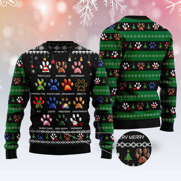 FUNSTUFFPRINT Dog Pawprint Ugly Christmas Sweater, Dog Ugly Christmas Sweater, Ugly Dog Sweaters Ugly Sweater