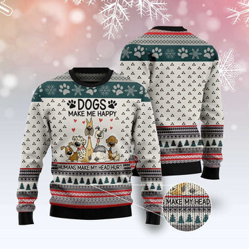 FUNSTUFFPRINT Dogs Make Me Happy Humans Make My Head Hurt Ugly Christmas Sweater, Dog Ugly Christmas Sweater, Ugly Dog Sweaters Ugly Sweater