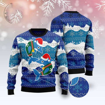 FUNSTUFFPRINT Dolphin Couple Ugly Christmas Sweater, Christmas Sweater, Ugly Sweater, Funny Xmas Sweaters Ugly Sweater