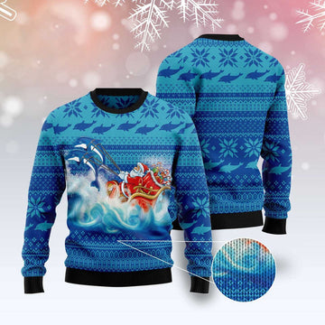 FUNSTUFFPRINT Dolphin Riding The Waves With Santa Ugly Christmas Sweater, Christmas Sweater, Ugly Sweater, Funny Xmas Sweaters Ugly Sweater