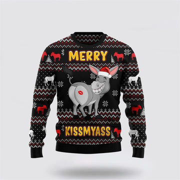 FUNSTUFFPRINT Donkeys Merry Kissmyass Ugly Christmas Sweater – Sweater Gifts For Pet Lover Ugly Sweater