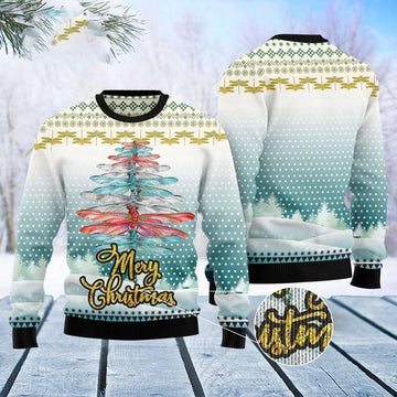FUNSTUFFPRINT Dragonfly Color Christmas Tree Ugly Christmas Sweater, Xmas Tree Sweater, Christmas Sweater Ugly Sweater