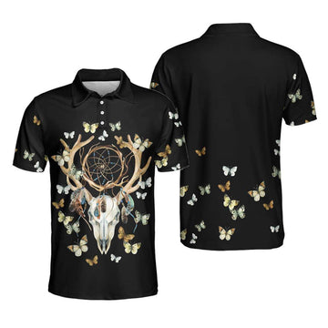 Dream Catcher Skull Deer Butterfly Short Sleeve Polo Shirt, Black Dreamcatcher Shirt For Men, Polo Shirt Gift For Men